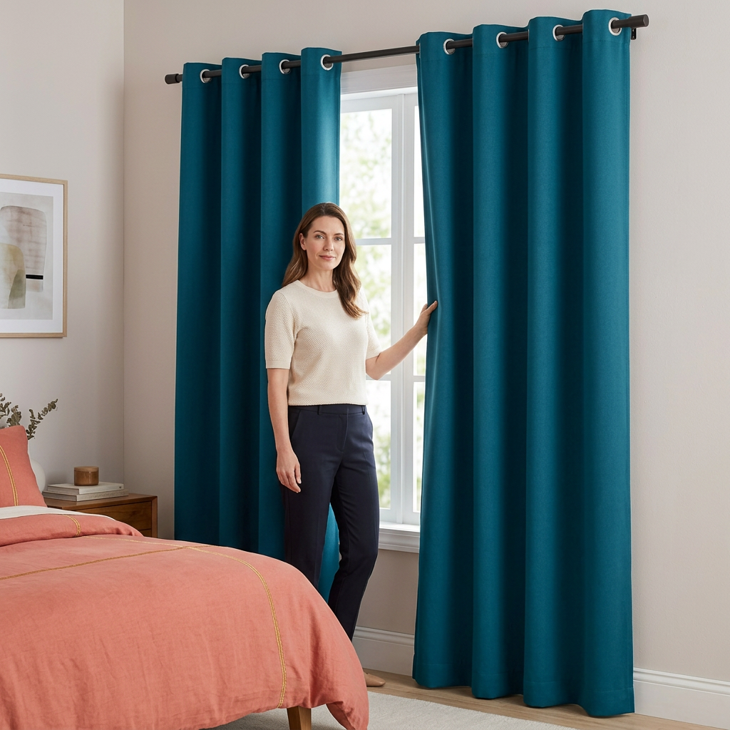 Lifestyle model opening peacock teal curtain panel