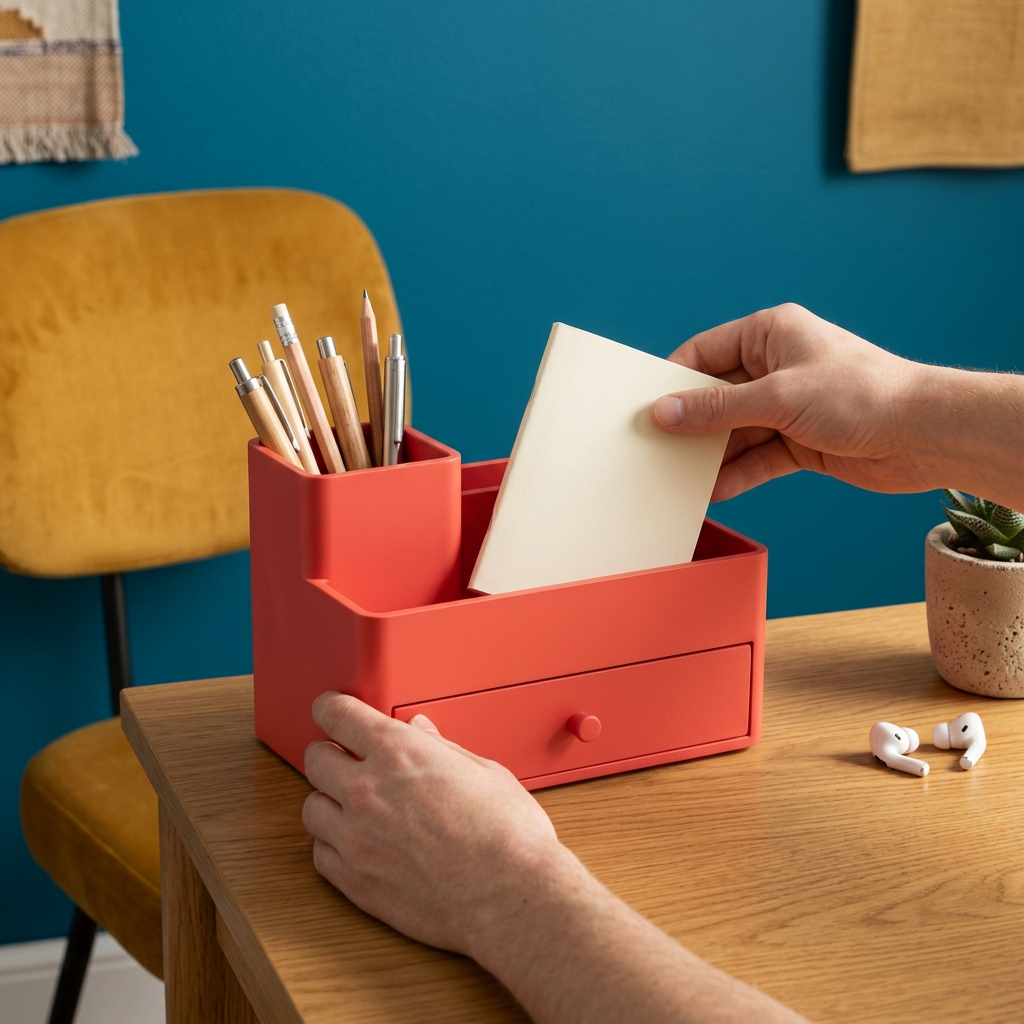 Coral organizer used in study nook