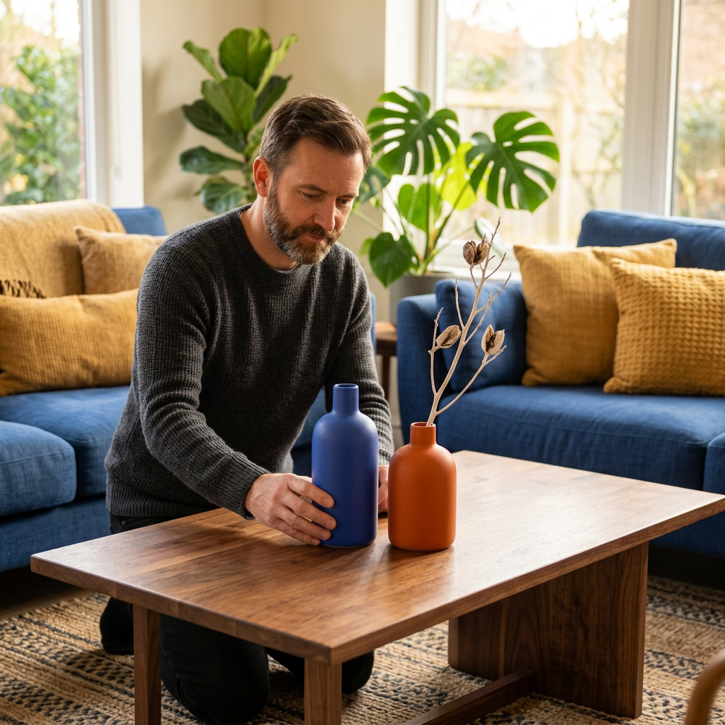 Man positioning vase pair on coffee table