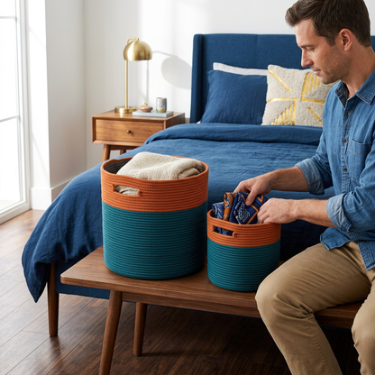 Man organizing scarves in matching rope baskets