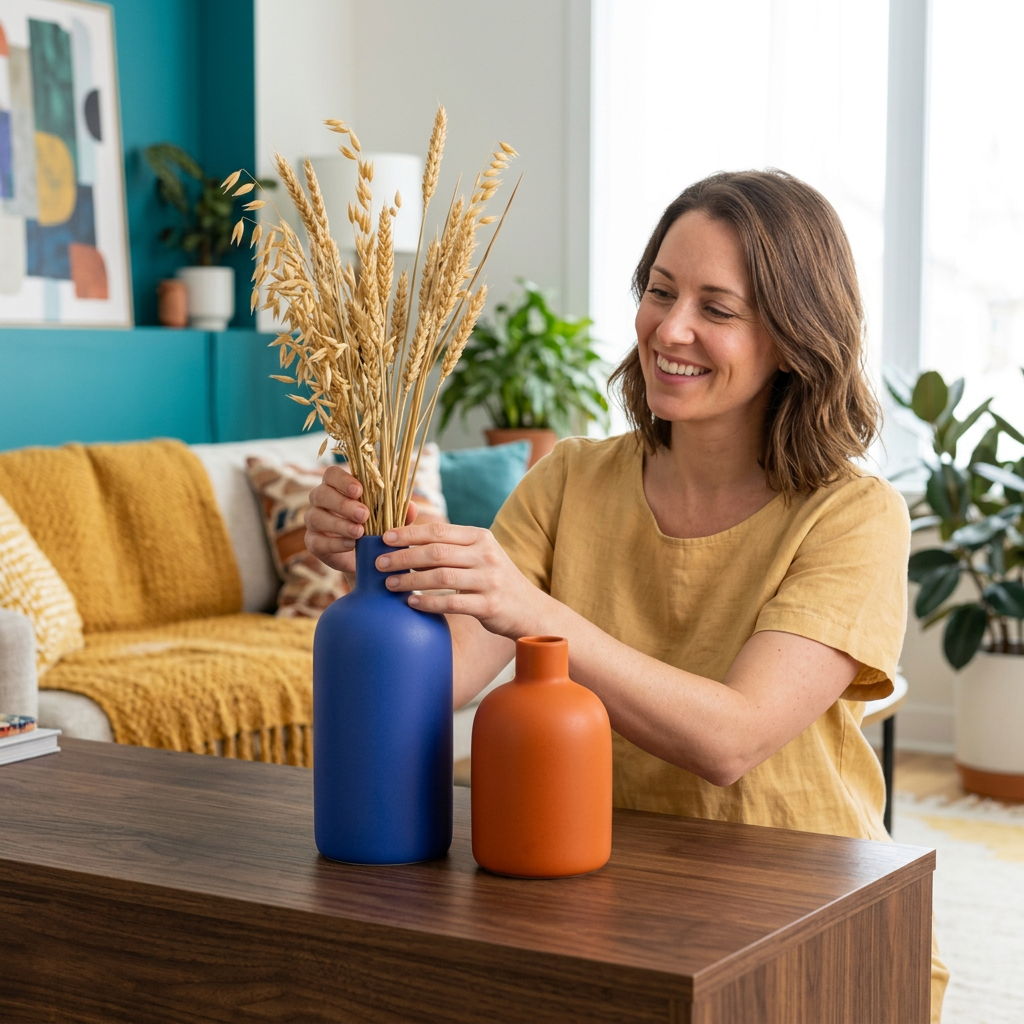 Lifestyle model styling blue and orange vase pair