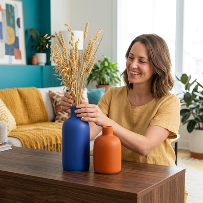 Lifestyle model styling blue and orange vase pair