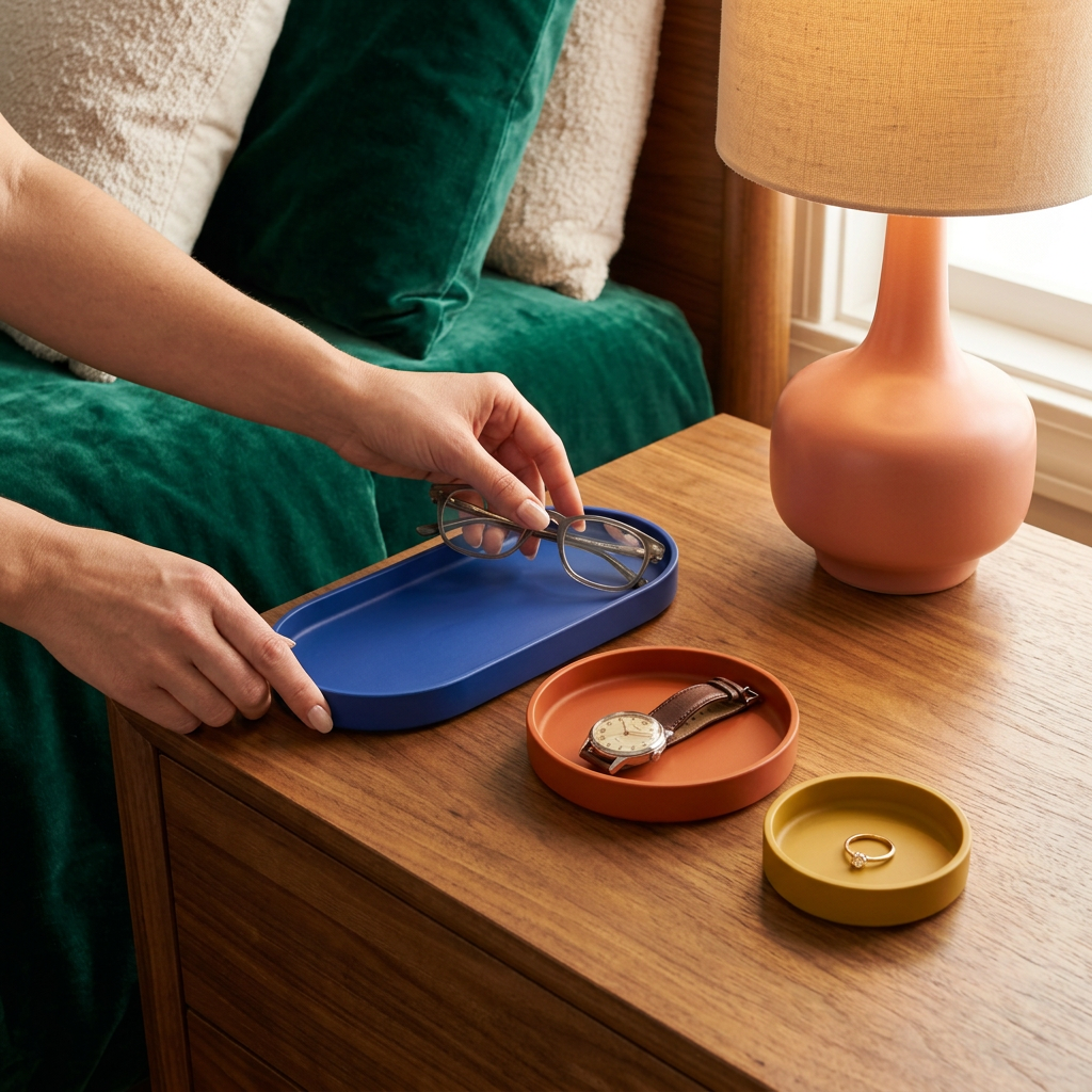 Eyeglasses watch and ring in bedside trays