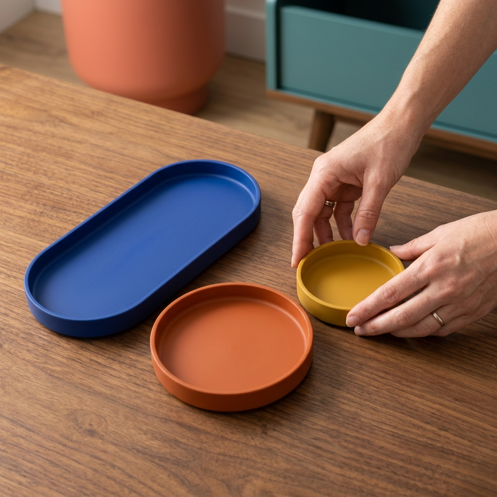 Hands arranging empty trays with raised rim detail