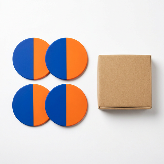 Four cobalt blue and tangerine round coasters with plain kraft packaging on a white background