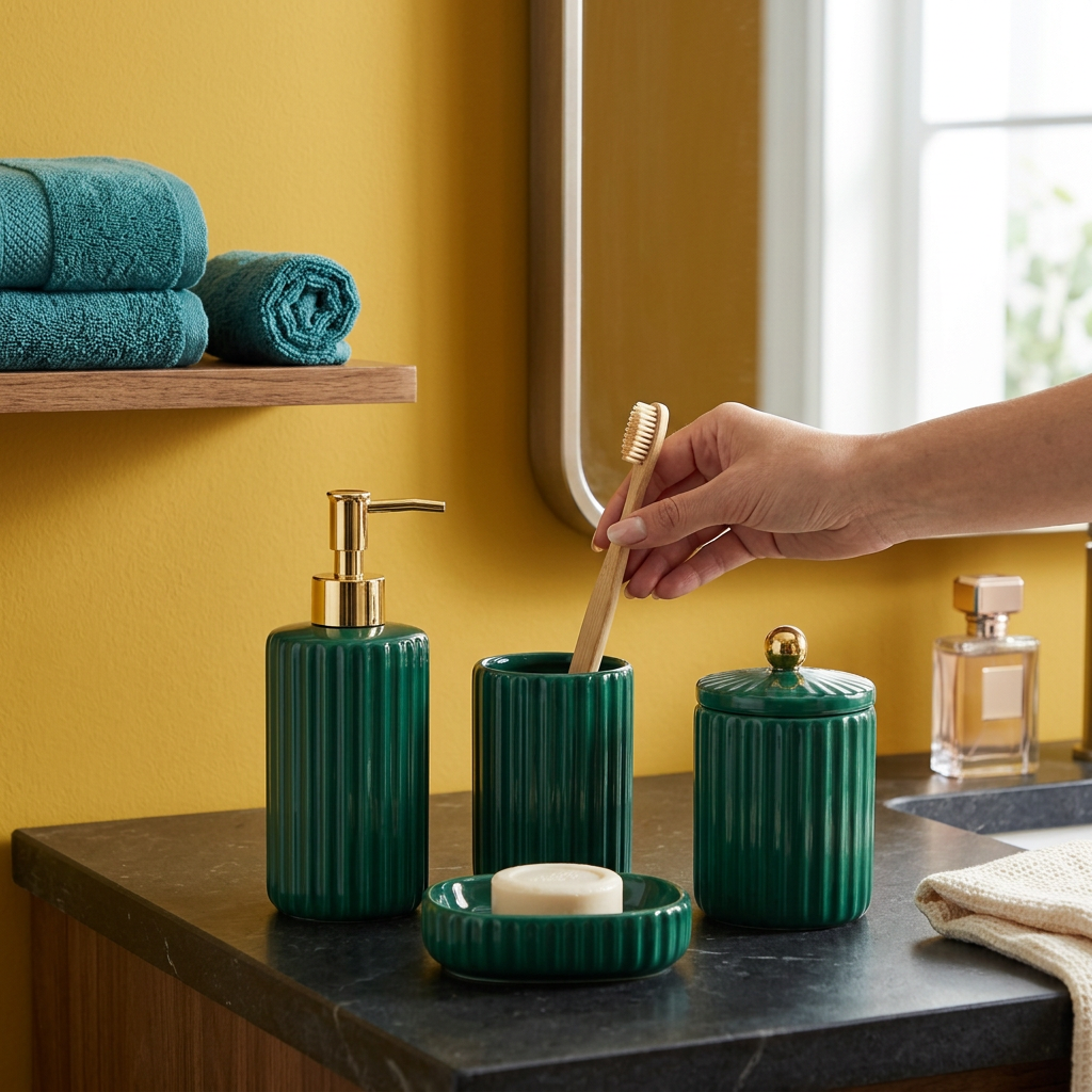 Hand returning toothbrush to green cup