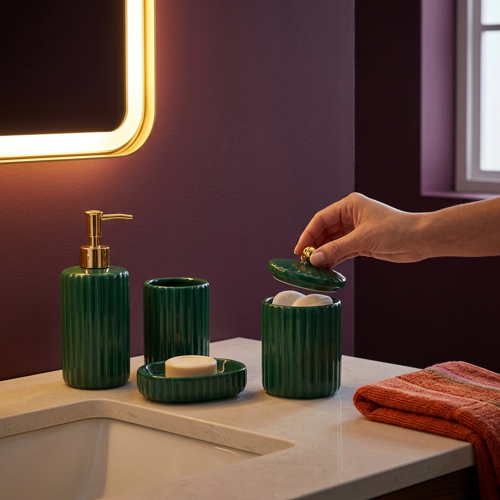 Hands taking cotton pad from green storage jar