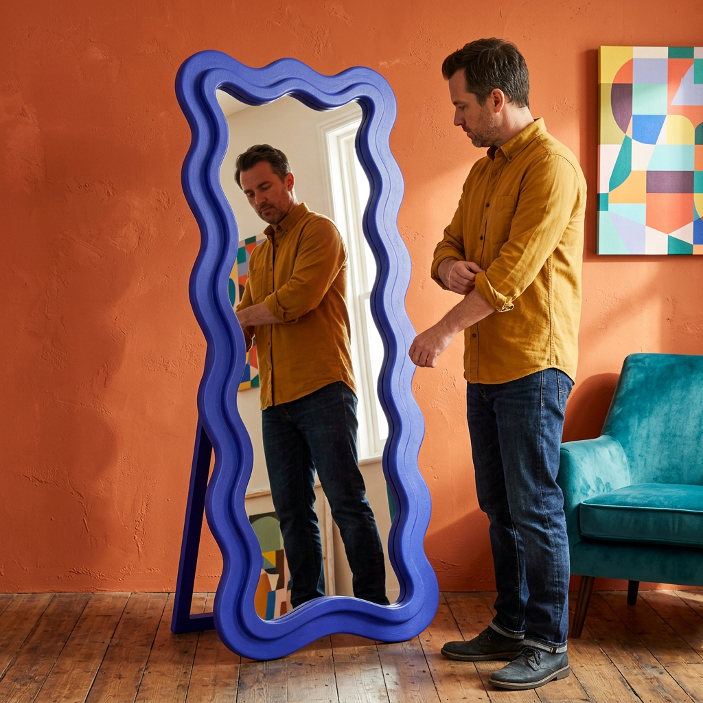 Cobalt blue wavy mirror used in a colorful creative home studio
