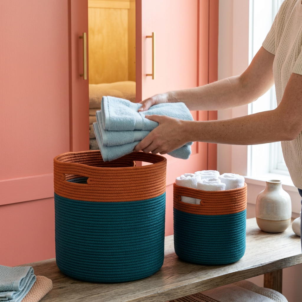 Clean towels organized in teal and orange baskets