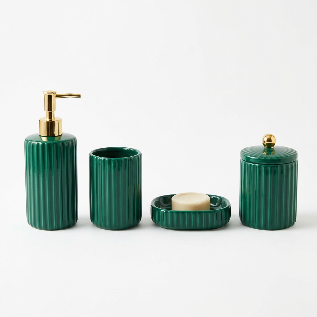 Emerald green four-piece bathroom set white background