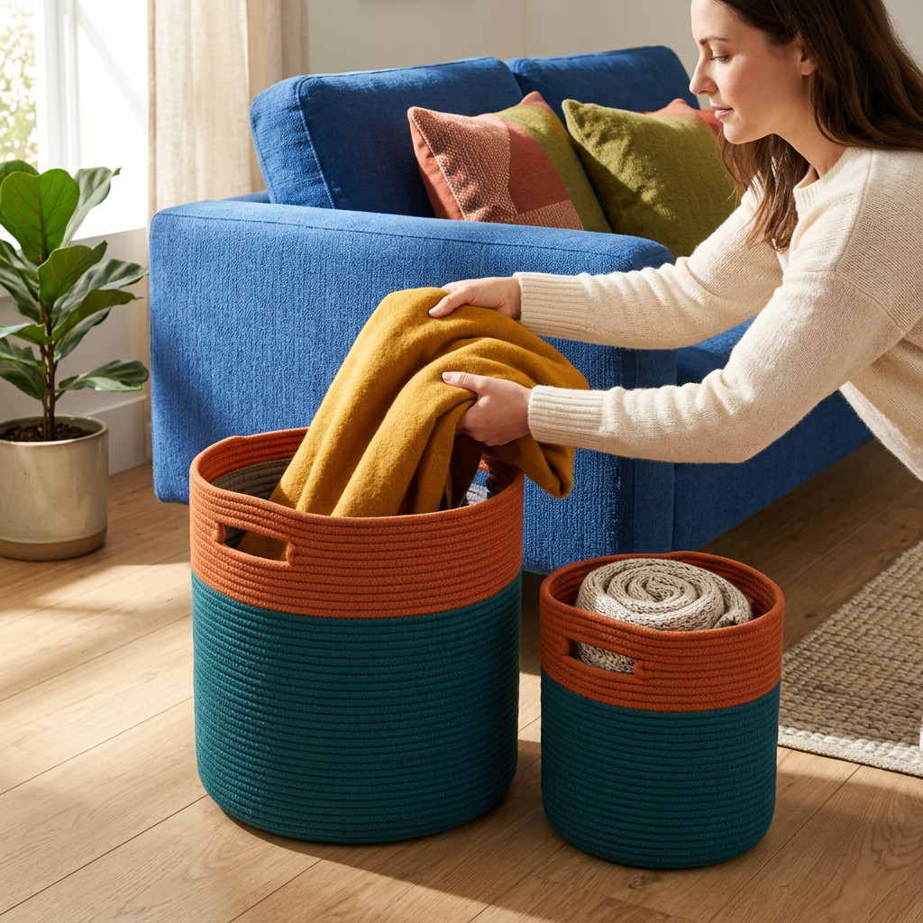Woman storing a throw in a rope basket beside sofa