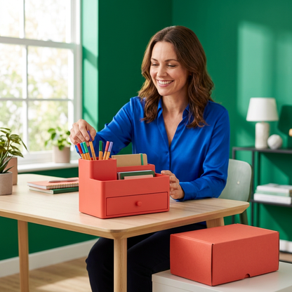 Western female model using coral desktop organizer