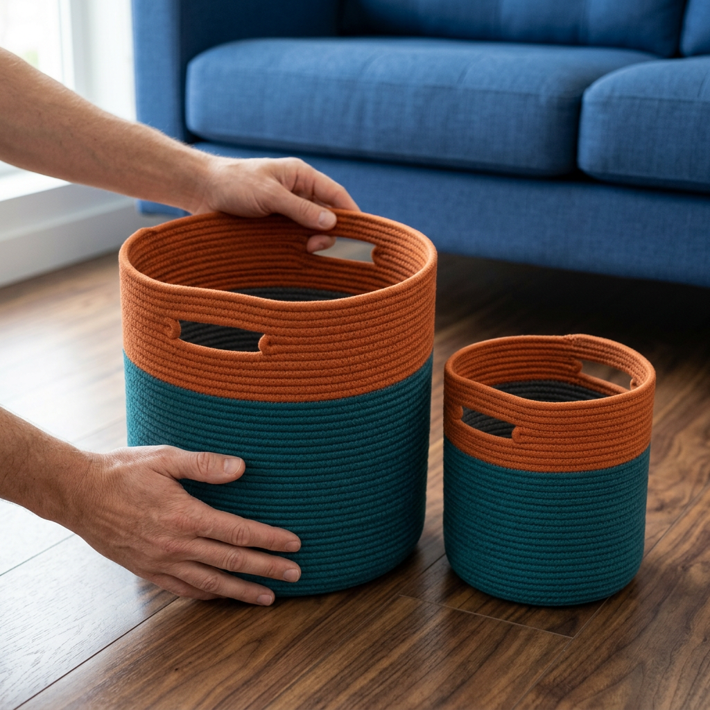 Hands showing coiled basket texture and cutout handle