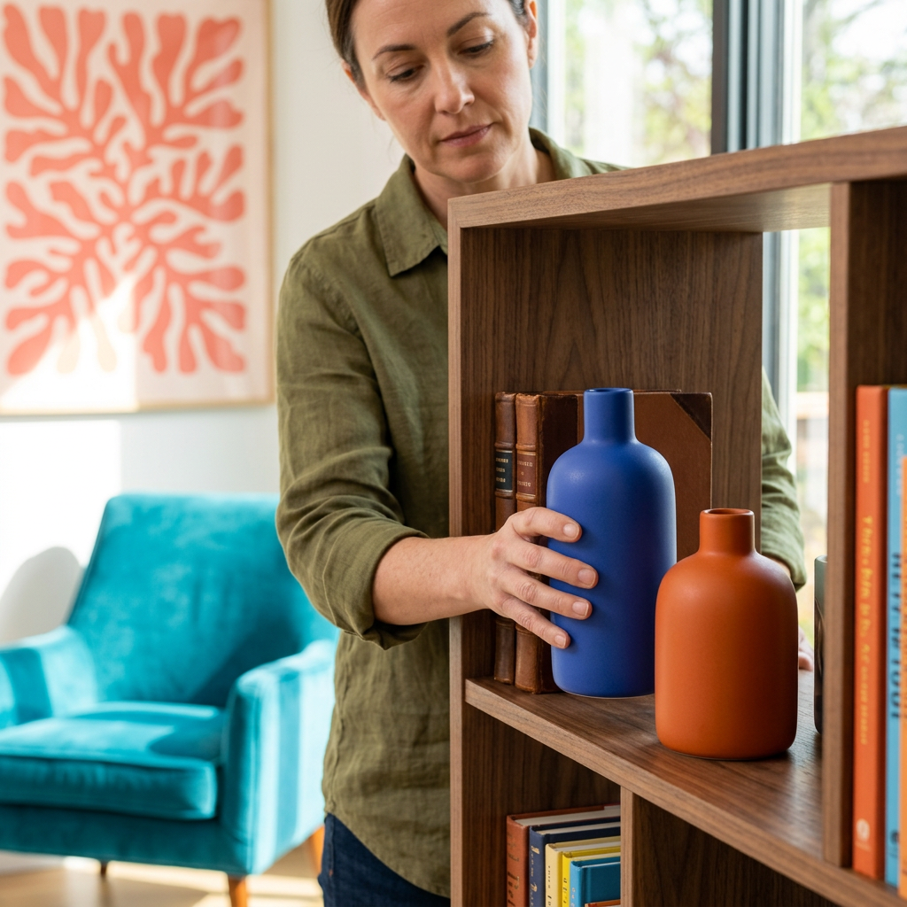 Decorative vase pair styled on bookshelf