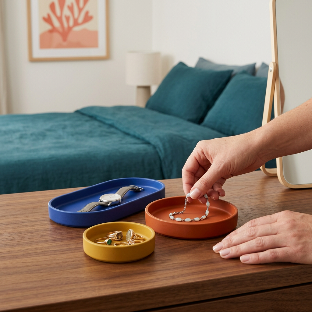 Hand organizing jewelry in colorful trays