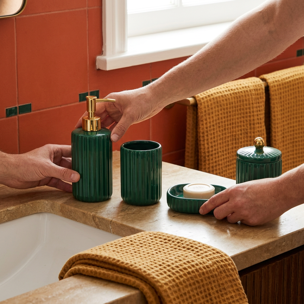 Hands arranging green bathroom accessories on vanity