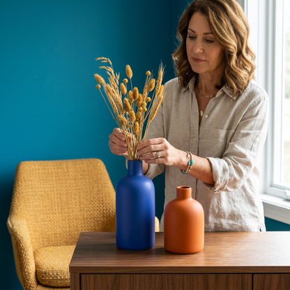 Woman arranging dried stems in blue vase