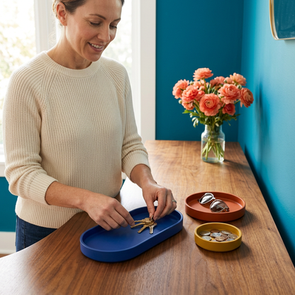 Lifestyle model organizing keys at console table
