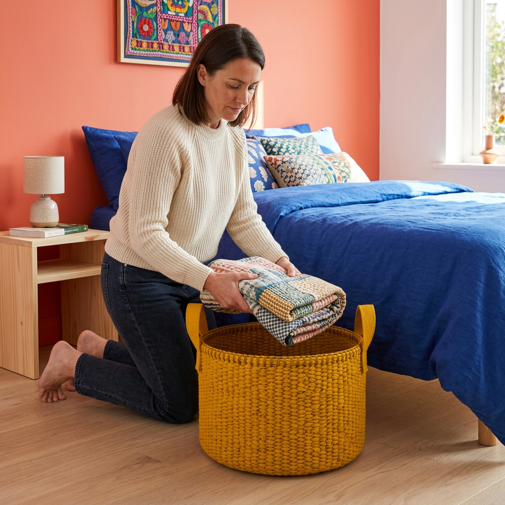 Woman using storage basket in bedroom