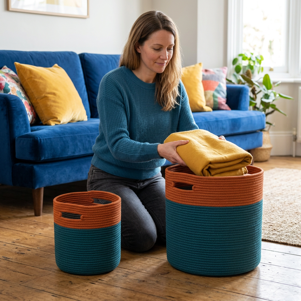 Lifestyle model placing a folded throw into large basket