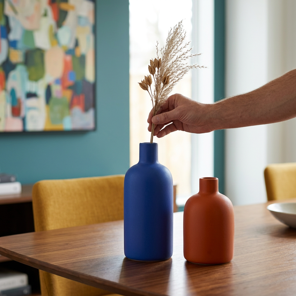 Dried stems arranged in blue vase on dining table