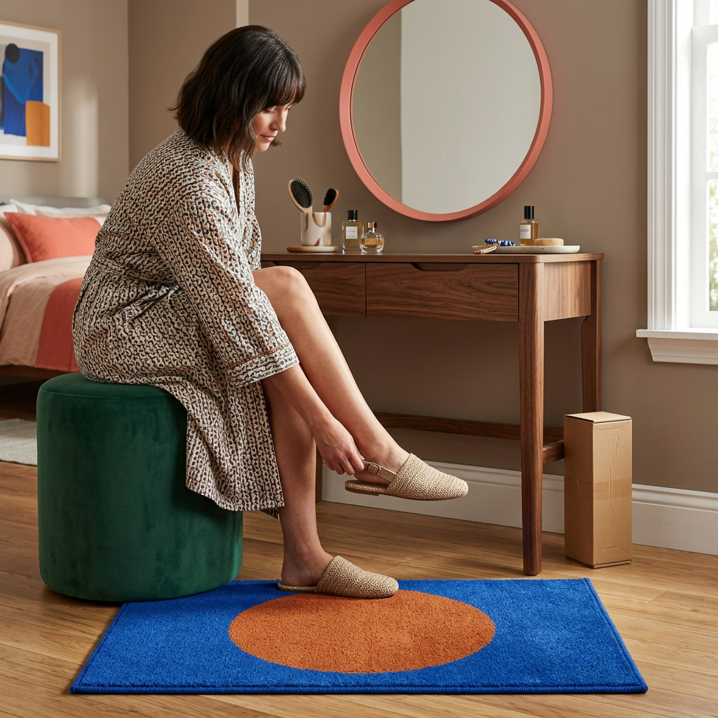Blue and orange rug by a dressing table