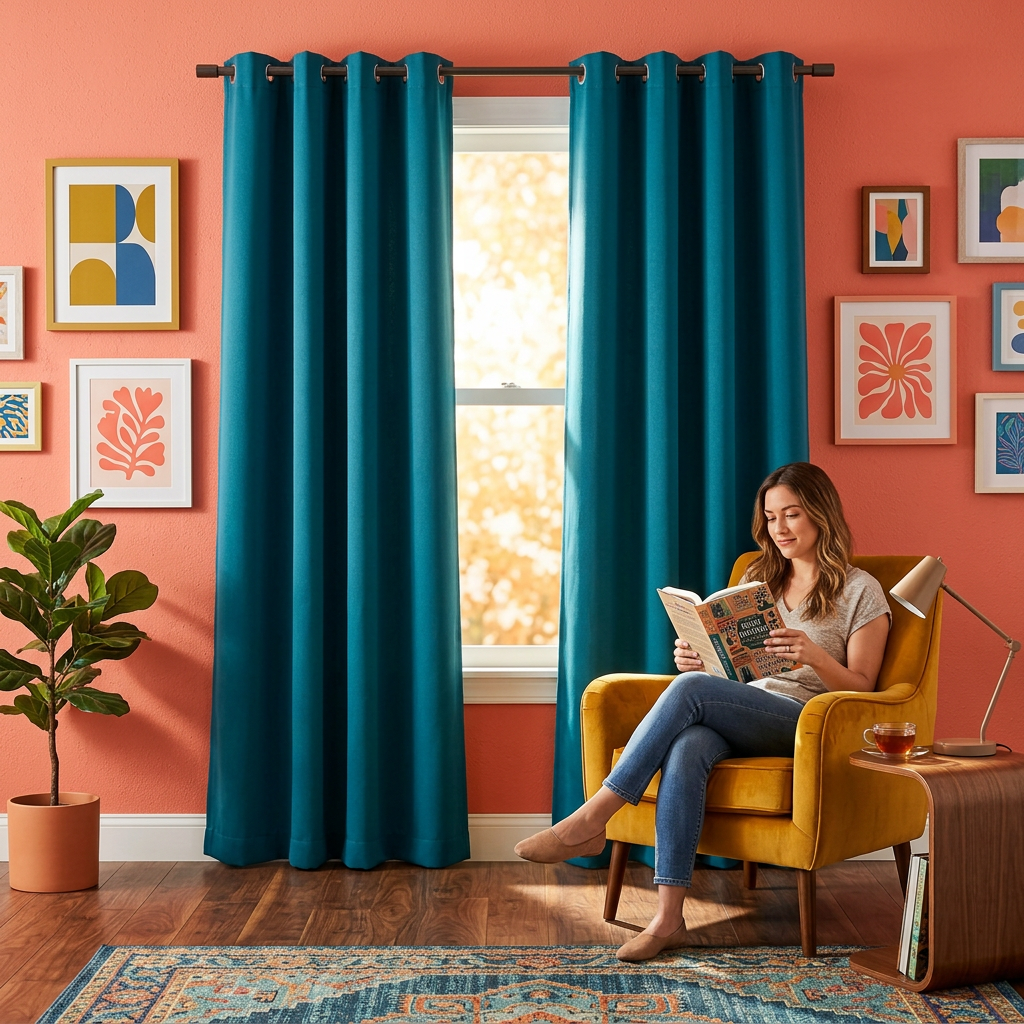 Teal curtain panels framing a reading corner