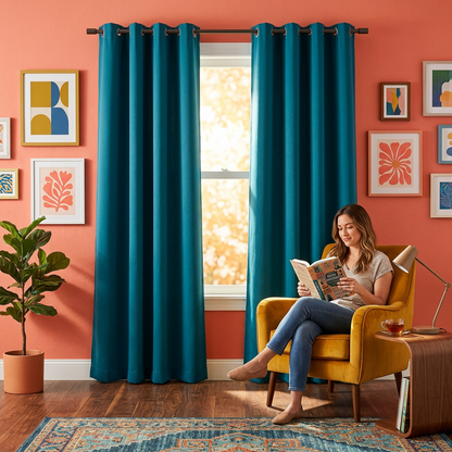 Teal curtain panels framing a reading corner