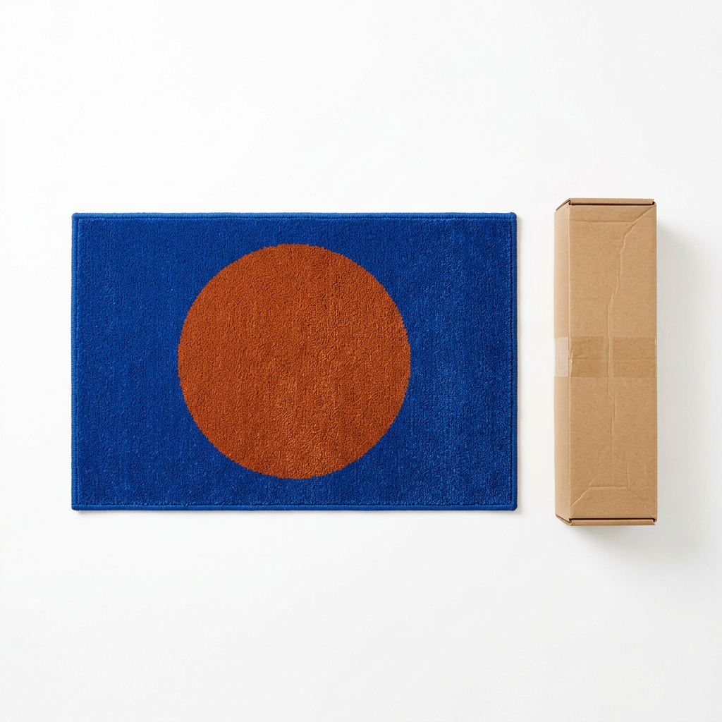 Blue and orange geometric bedside rug on white