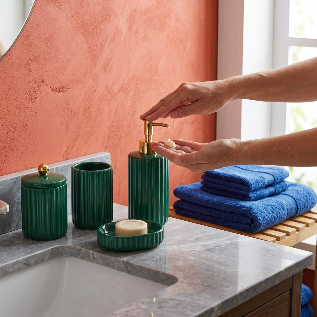 Hands pressing emerald soap dispenser