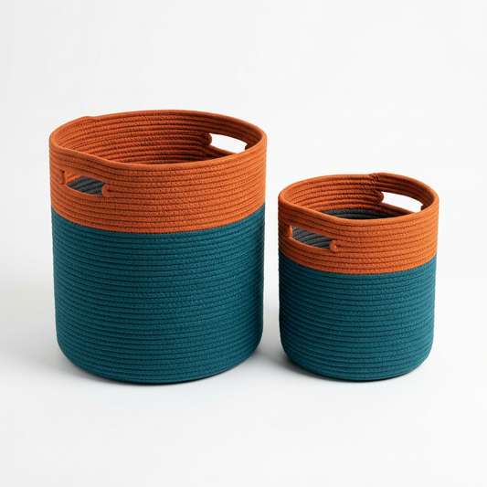 Teal and burnt orange rope basket pair on white