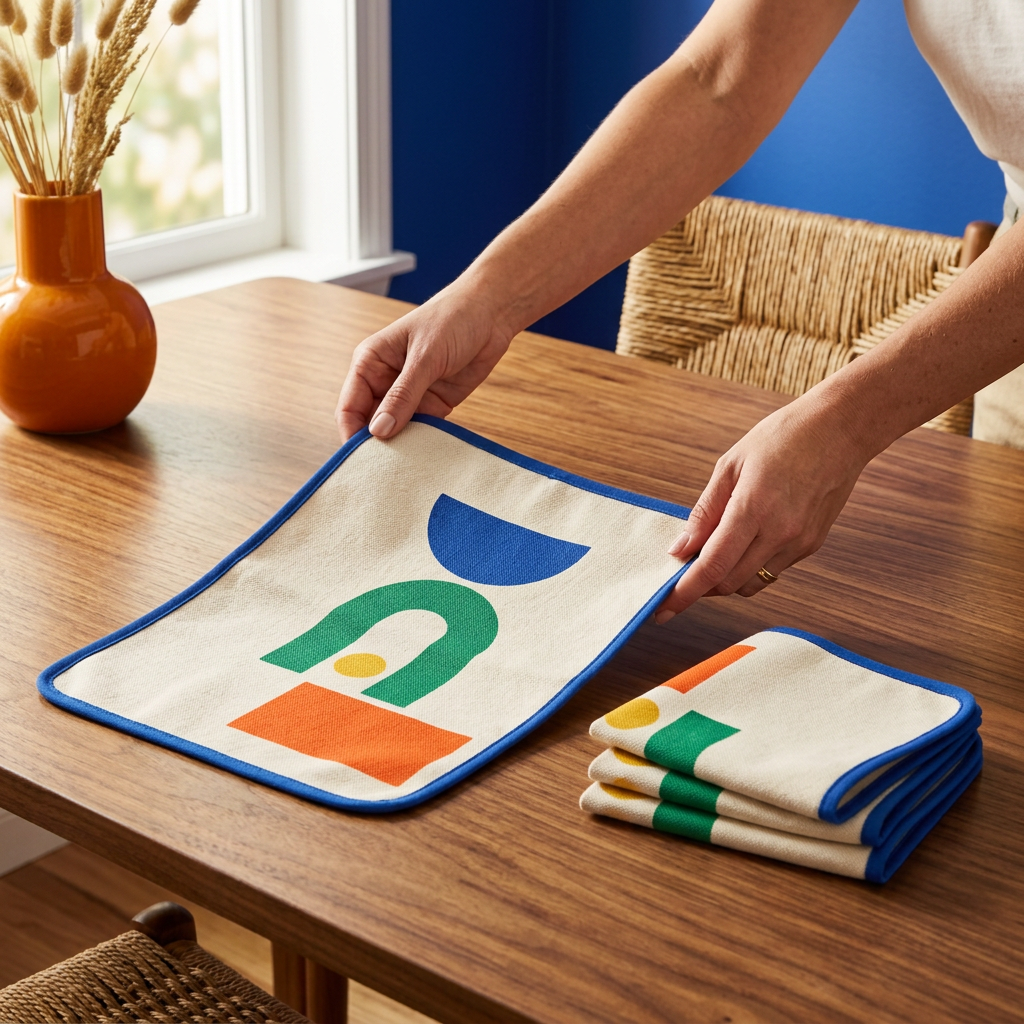 Hands laying a colorful geometric placemat on a dining table beside the other three matching placemats