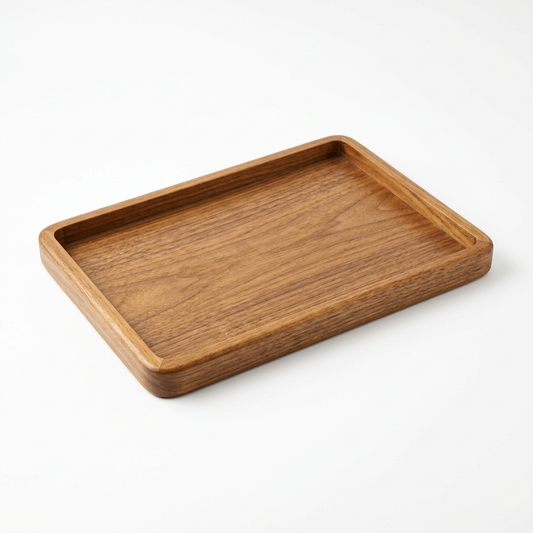 Empty rounded rectangular wood tray on white