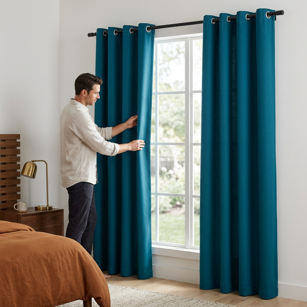 Man adjusting teal curtains in bedroom