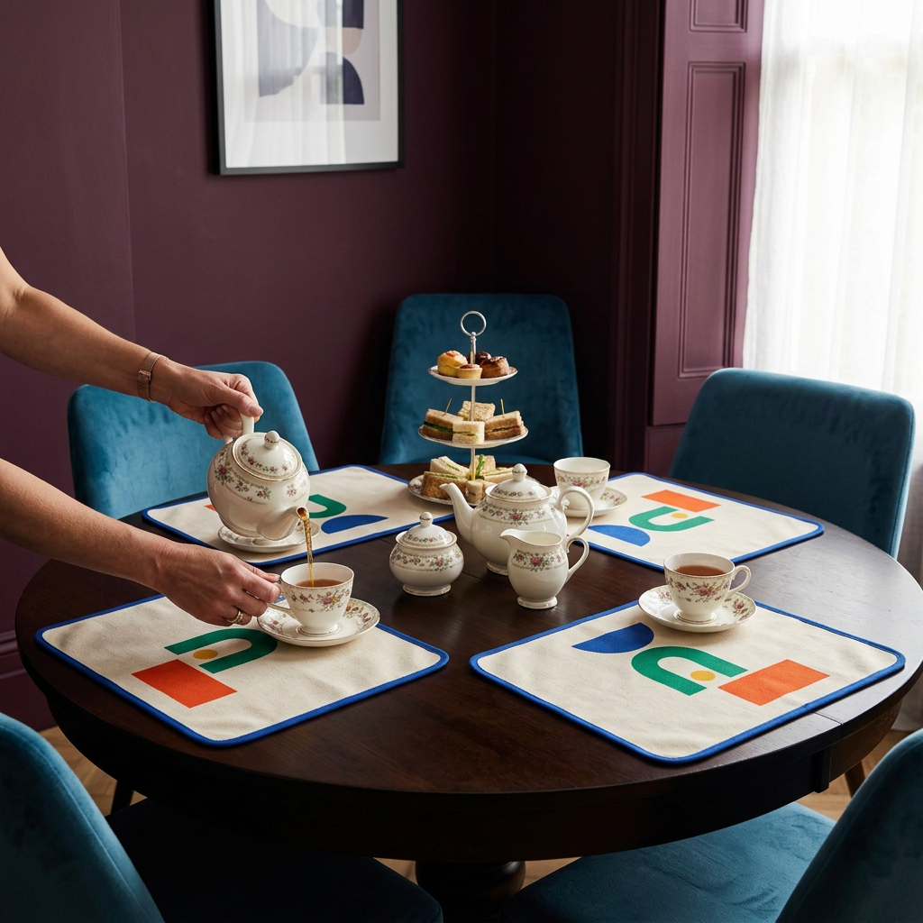 Colorful geometric placemats used for afternoon tea