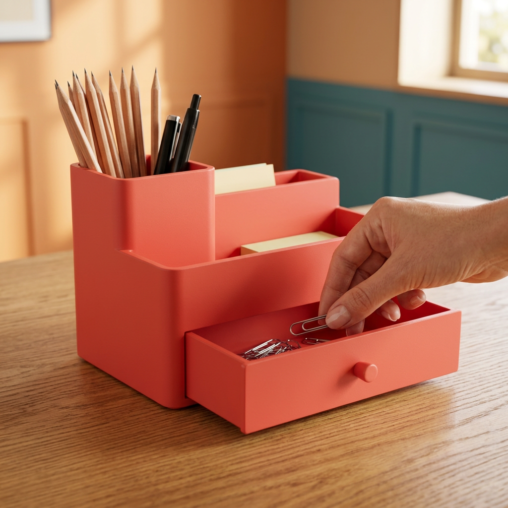 Hand opening organizer drawer for paper clips