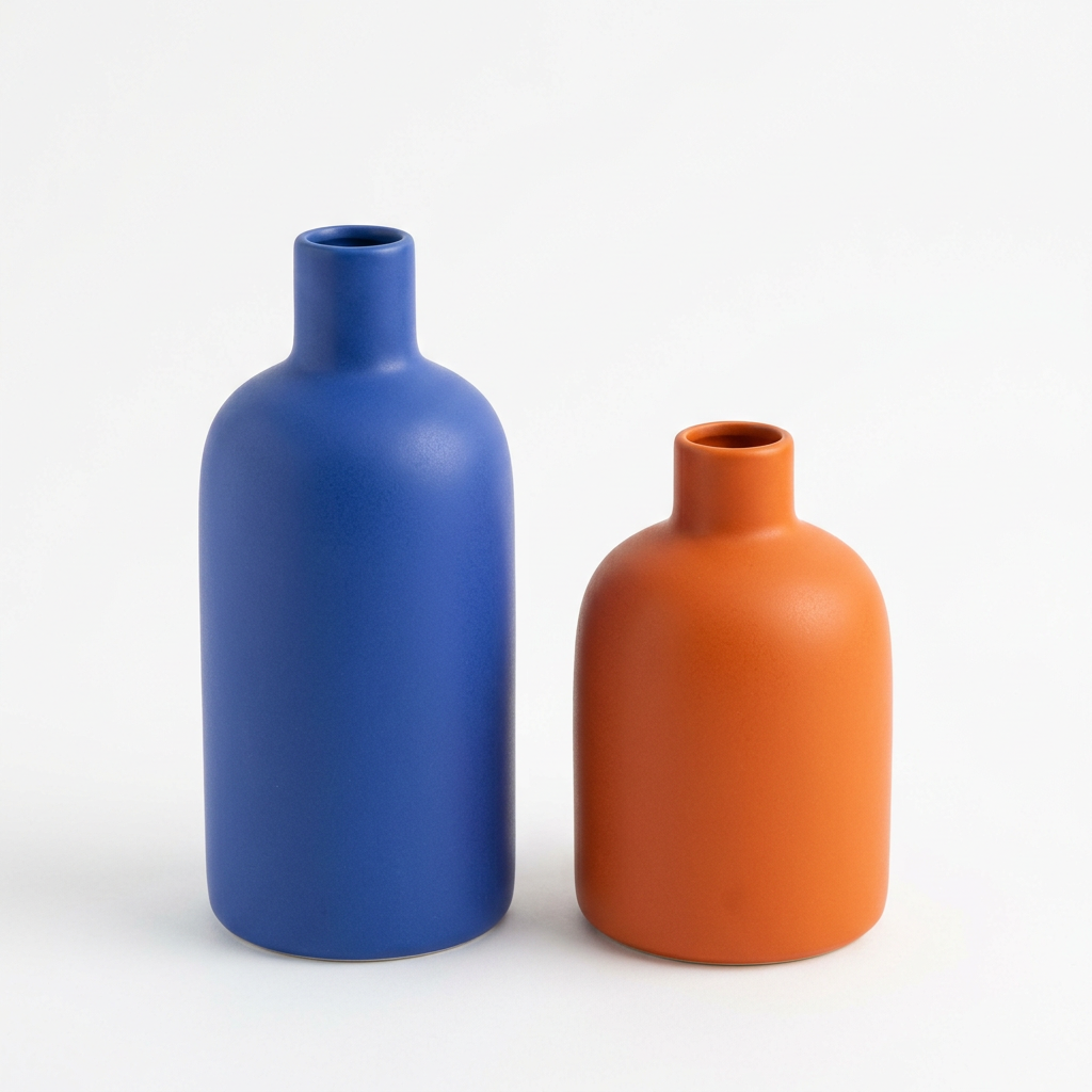 Blue and orange decorative vase pair on white