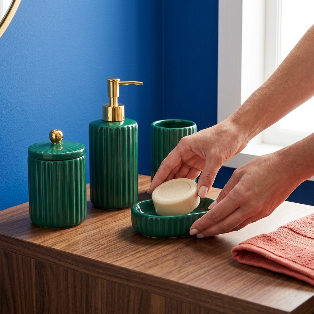 Hands placing soap on matching dish
