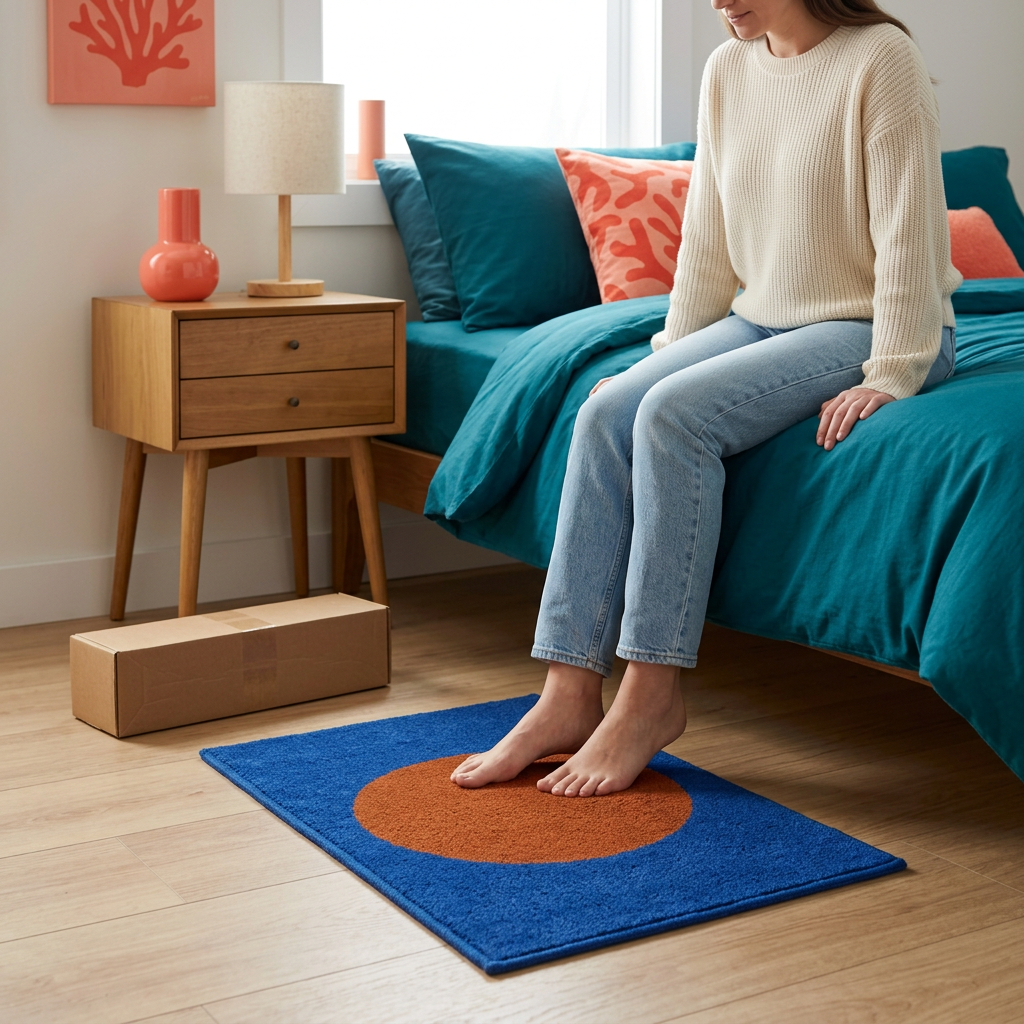 Lifestyle model seated with feet on geometric bedside rug