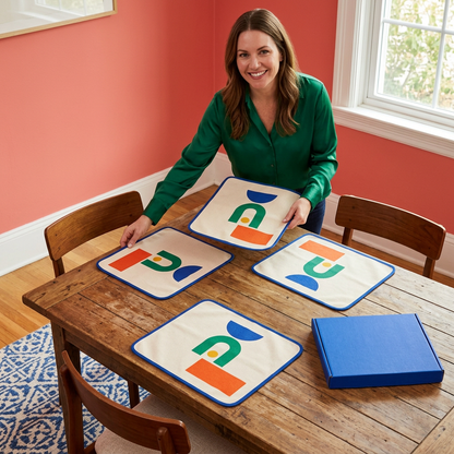 Western female model setting a table with colorful geometric placemats