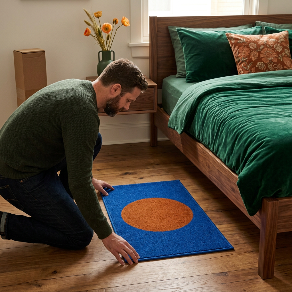 Man positioning blue and orange bedside rug