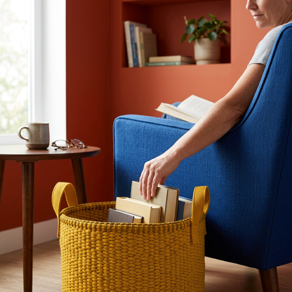 Storage basket used in reading nook