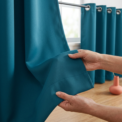 Hands showing teal curtain fabric and hem detail