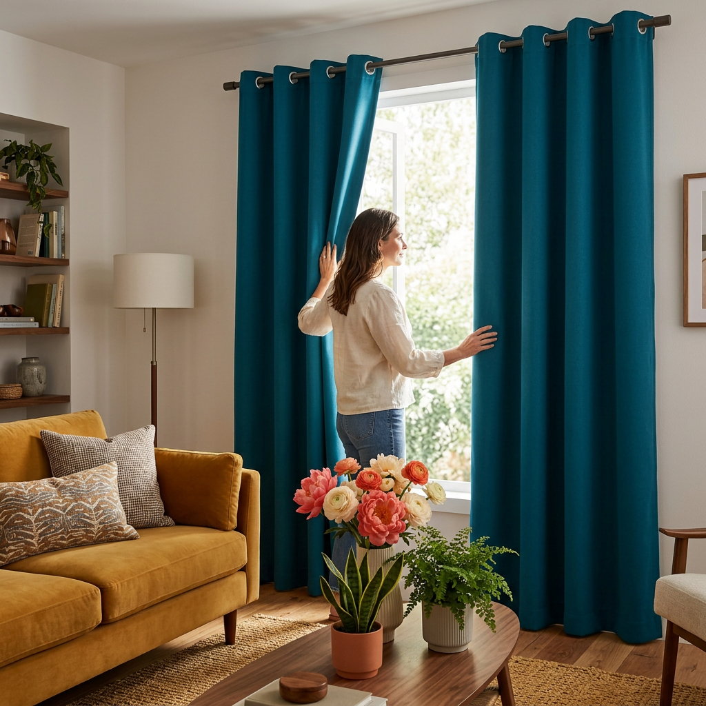 Woman opening teal curtains in living room