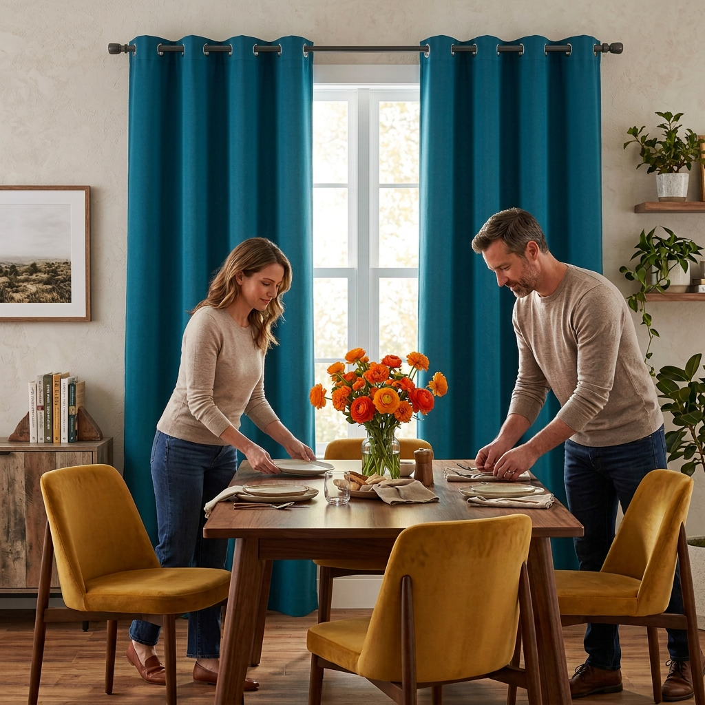 Teal curtain pair in colorful dining room