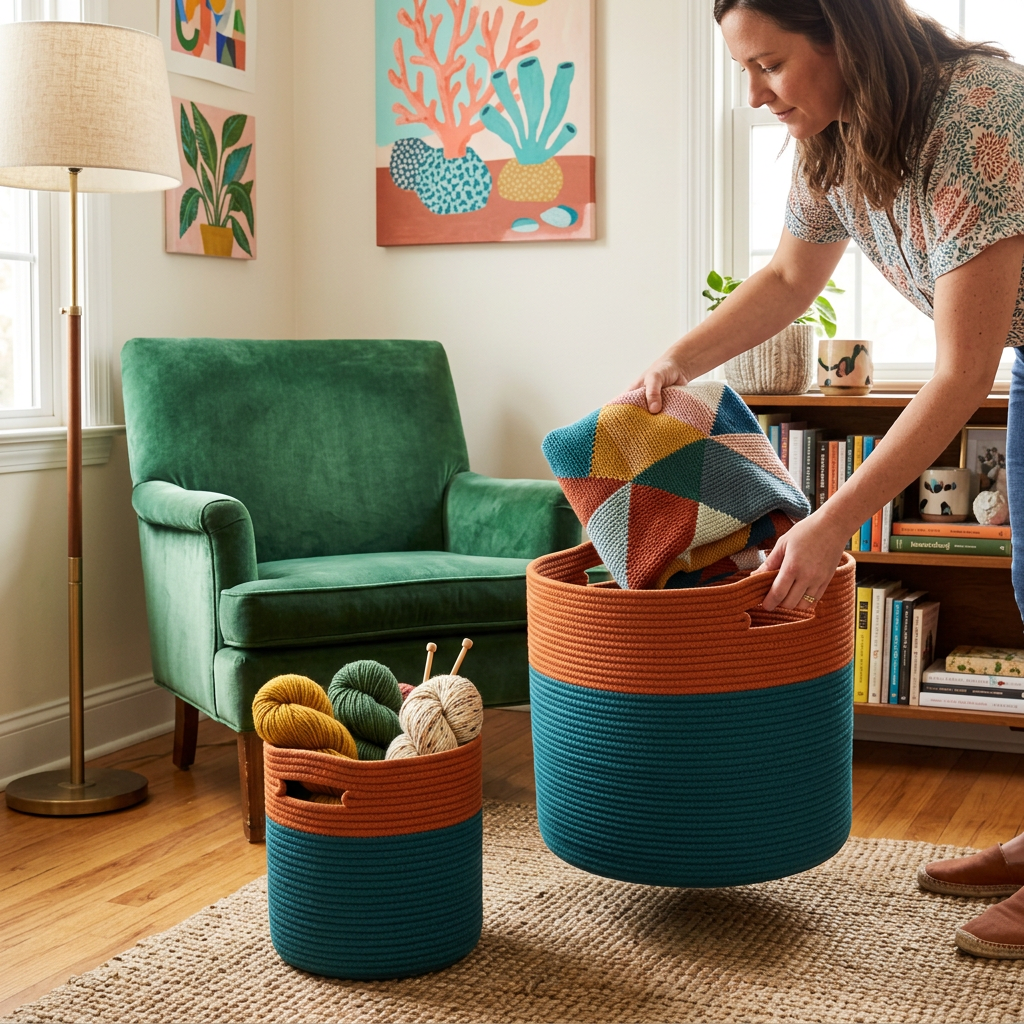 Rope basket pair in a colorful reading corner