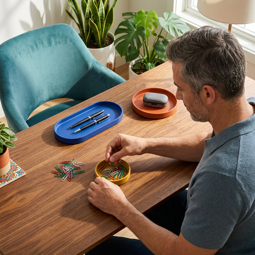 Man sorting small desktop essentials into trays