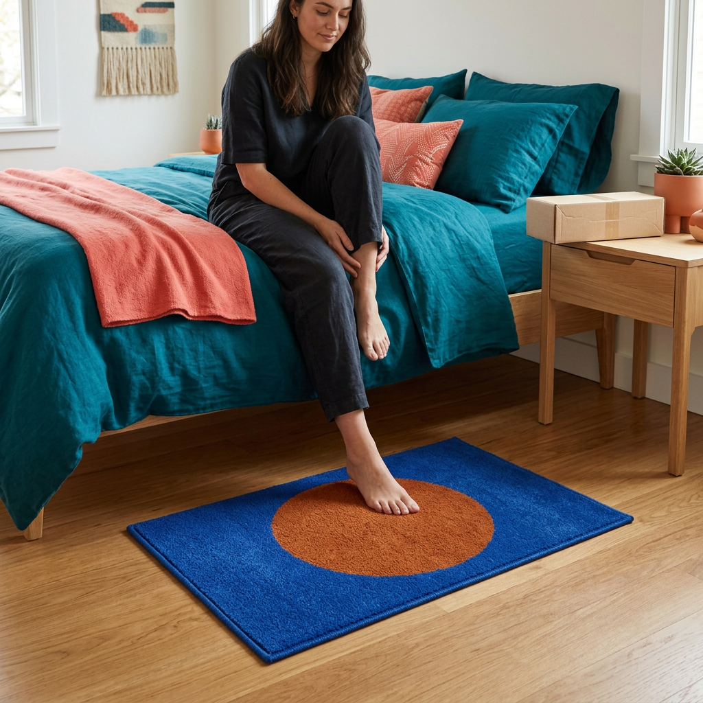 Woman using geometric rug beside bed