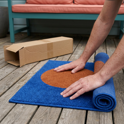 Hands unpacking geometric rug