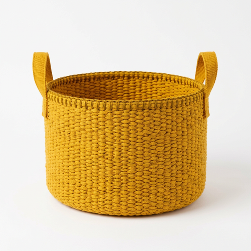 Mustard yellow storage basket white background